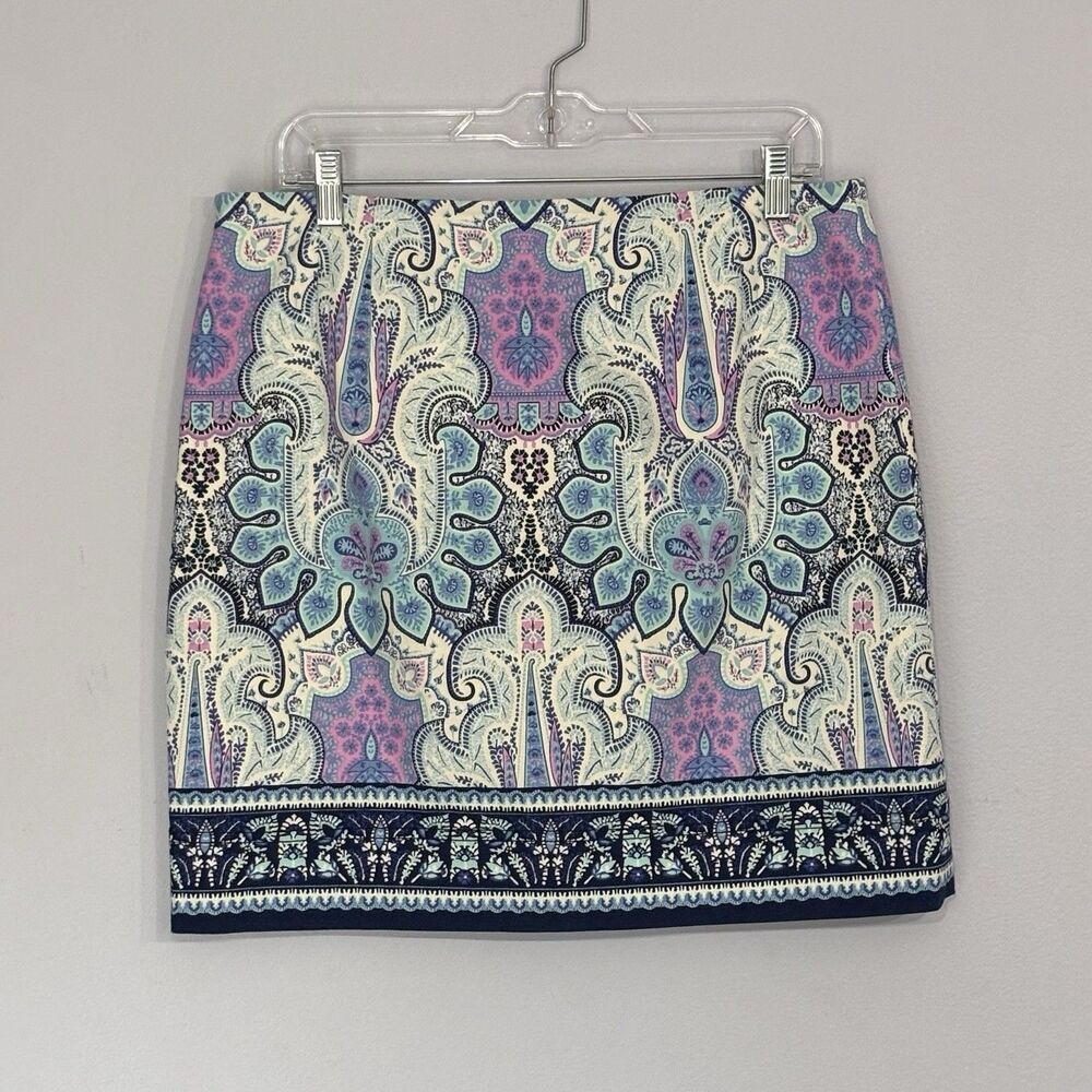 Talbots Womens Pink White Blue Baroque Print Navy Contrast Pencil Mini Skirt 10p